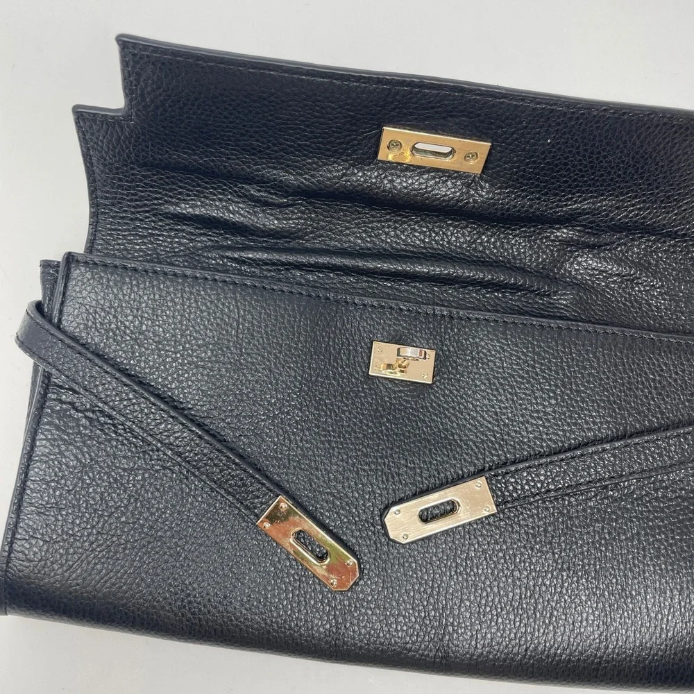 Zenith Black Pebbled Leather Clutch Bag Gold Turn Lock Hardware Handle Handbag